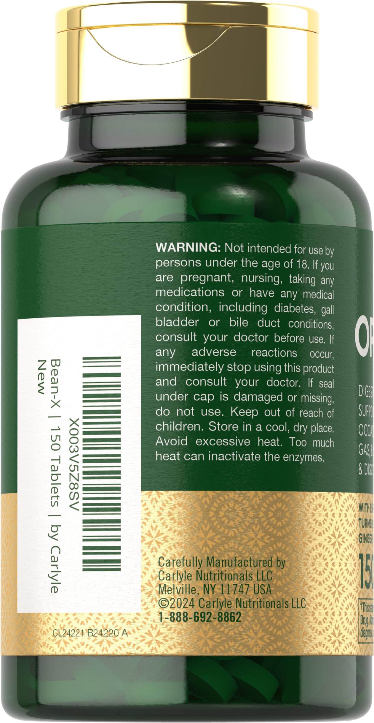 Carlyle Opti-Bean | 150 Tablets | Digestive Support | Gas, Bloating & Discomfort Enzyme Blend | Vegetarian, Non-GMO & Gluten Free Supplement